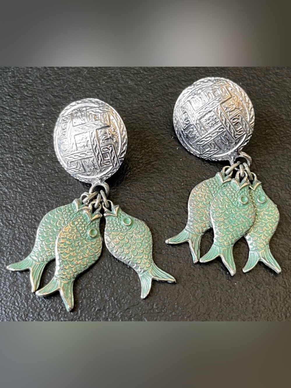 3 Fish Luck Silver Button Earrings Coastal Patina Green Fish Charms Dangle 2”